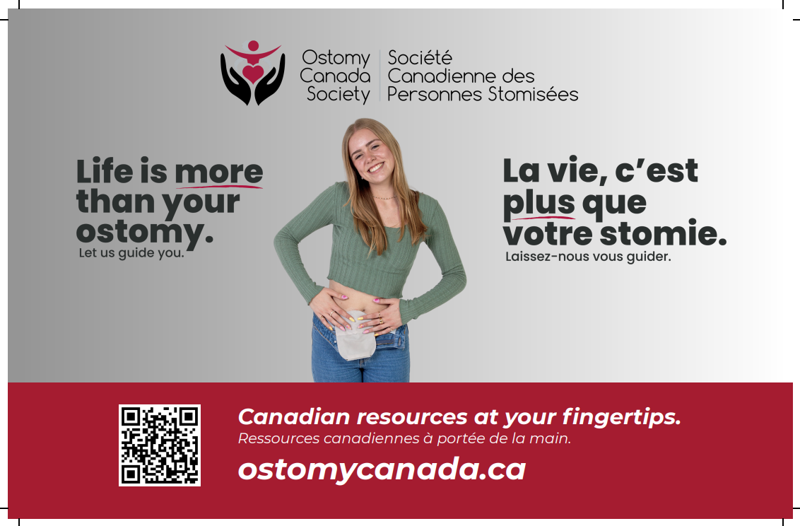 Bilingual banner for Ostomy Canada Society offering ostomy resources, with a smiling young woman, QR code and ostomycanada.ca URL.